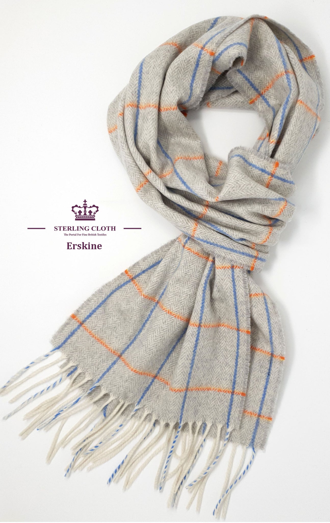 Erskine - Pure Cashmere Scarf, Made in Scotland, Light Grey with Blue and Orange Windowpane Check