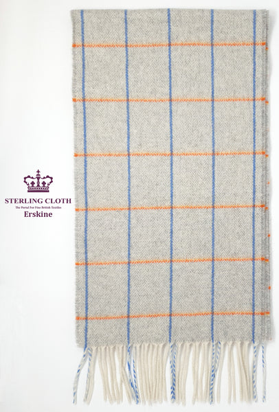 Erskine - Pure Cashmere Scarf, Made in Scotland, Light Grey with Blue and Orange Windowpane Check