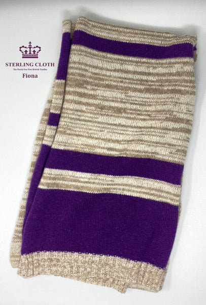 Fiona - Pure Merino Wool, Knitted Scarf, Made in Scotland, Cream, Beige and Purple Stripe