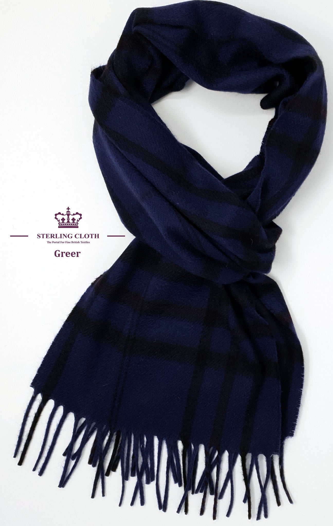Greer - 100% Cashmere Scarf, Made in Scotland, Navy with Black and Burgundy Tartan Check