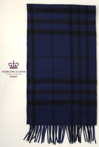 Greer - 100% Cashmere Scarf, Made in Scotland, Navy with Black and Burgundy Tartan Check