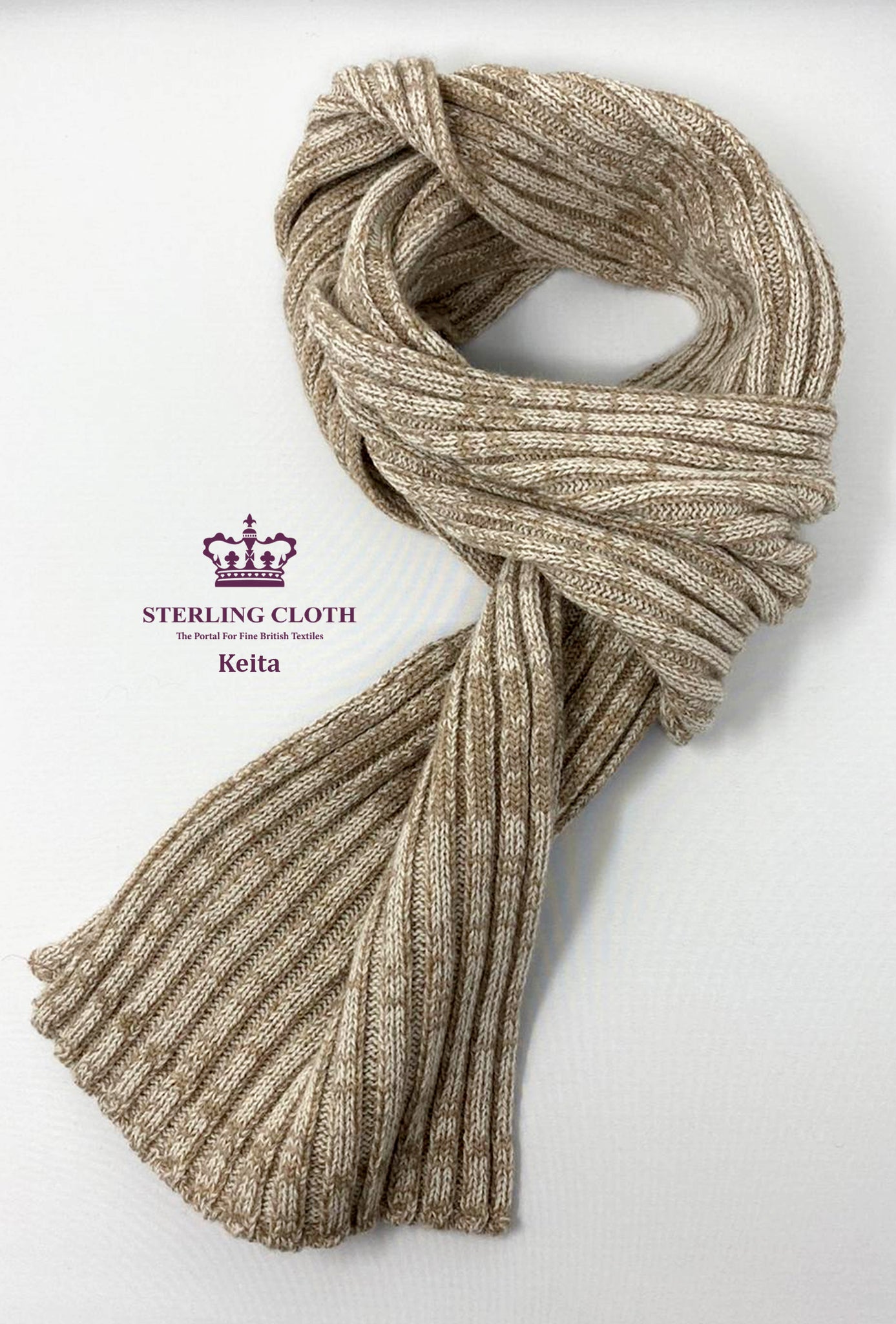 Keita - Pure Merino Wool, Rib Knitted Scarf, Made in Scotland, Irregular Camel and Cream Pattern