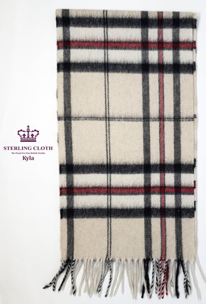 Kyla - 100% Cashmere Scarf, Made in Scotland, Cream with Red and Black Tartan Check