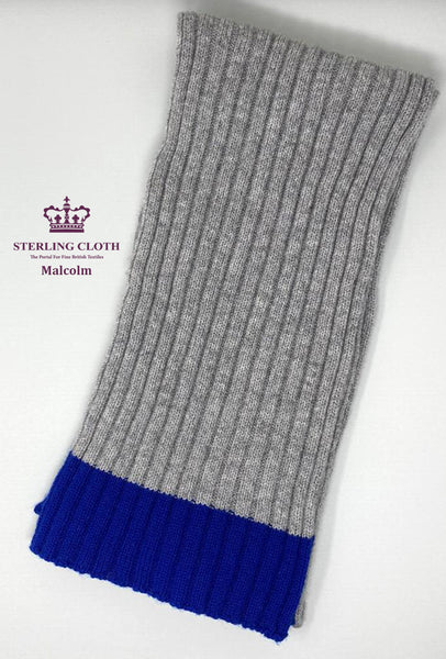 Malcolm - Pure Merino Wool, Rib Knitted Scarf, Made in Scotland, Light Grey with Blue Trim