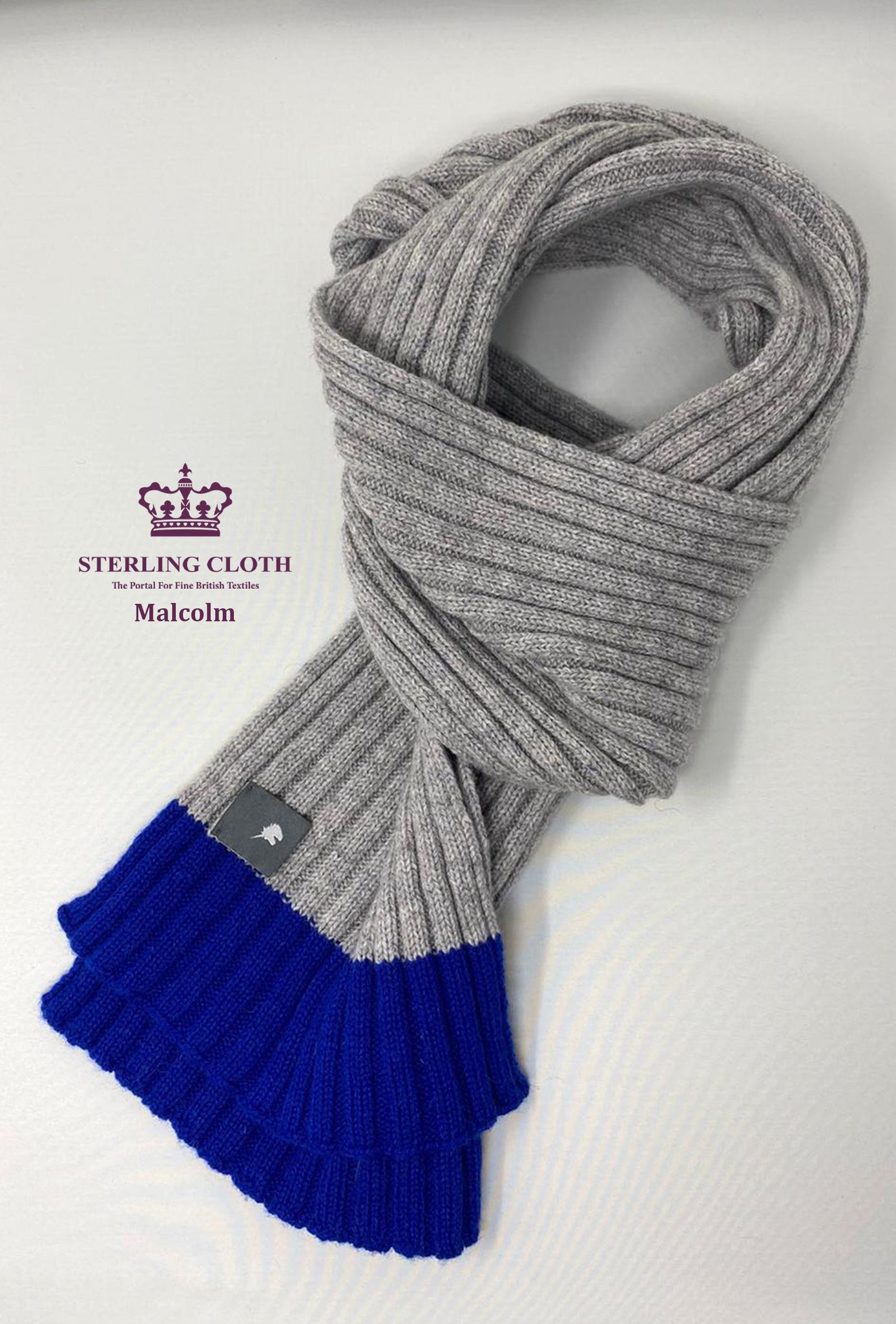 Malcolm - Pure Merino Wool, Rib Knitted Scarf, Made in Scotland, Light Grey with Blue Trim
