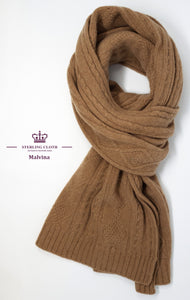 Malvina - Pure Cashmere, Cable Knitted Stole, Made in Scotland, Plain Camel