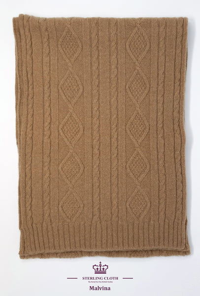 Malvina - Pure Cashmere, Cable Knitted Stole, Made in Scotland, Plain Camel
