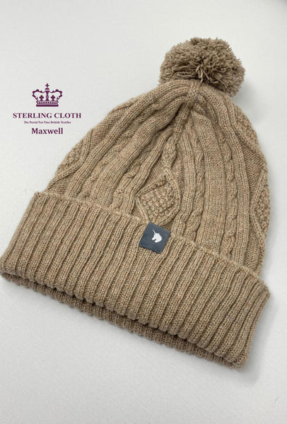 Mocara & Maxwell - Pure Merino Wool, Cable Knitted Scarf and Bobble Hat, Made in Scotland, Plain Camel / Light Brown