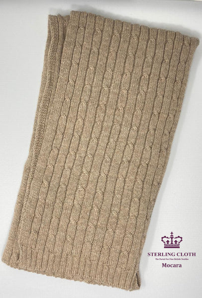 Mocara - Pure Merino Wool, Cable Knitted Scarf, Made in Scotland, Plain Camel / Light Brown
