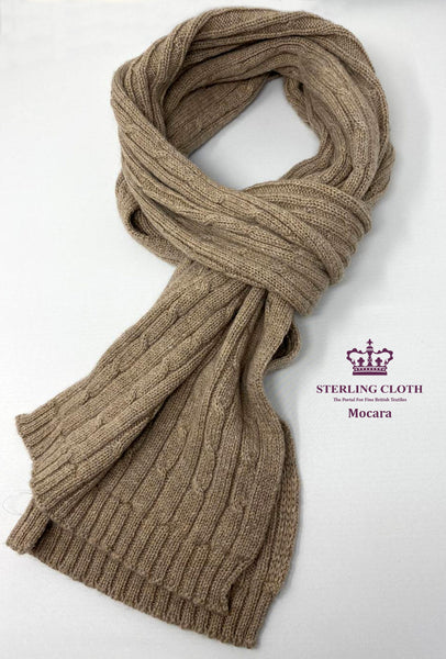 Mocara - Pure Merino Wool, Cable Knitted Scarf, Made in Scotland, Plain Camel / Light Brown