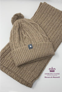 Mocara & Maxwell - Pure Merino Wool, Cable Knitted Scarf and Bobble Hat, Made in Scotland, Plain Camel / Light Brown