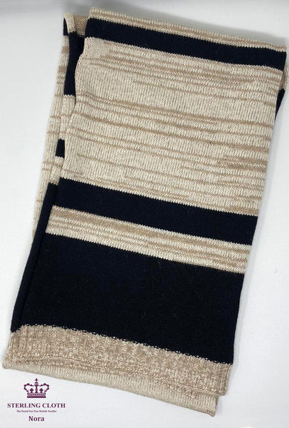 Nora - Pure Merino Wool, Knitted Scarf, Made in Scotland, Cream, Beige and Black Stripe