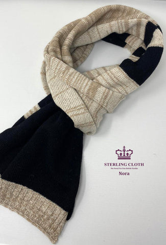 Nora - Pure Merino Wool, Knitted Scarf, Made in Scotland, Cream, Beige and Black Stripe