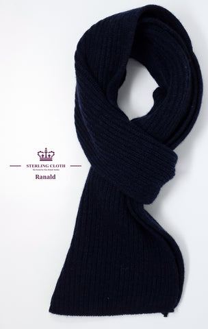 Ranald - Pure Cashmere Knitted Scarf, Made in Scotland, Navy Rib Knit