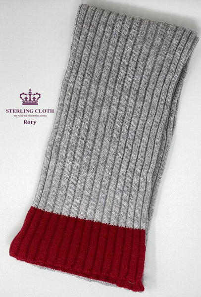 Rory - Pure Merino Wool, Rib Knitted Scarf, Made in Scotland, Light Grey with Red Trim