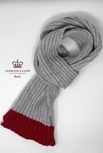 Rory - Pure Merino Wool, Rib Knitted Scarf, Made in Scotland, Light Grey with Red Trim