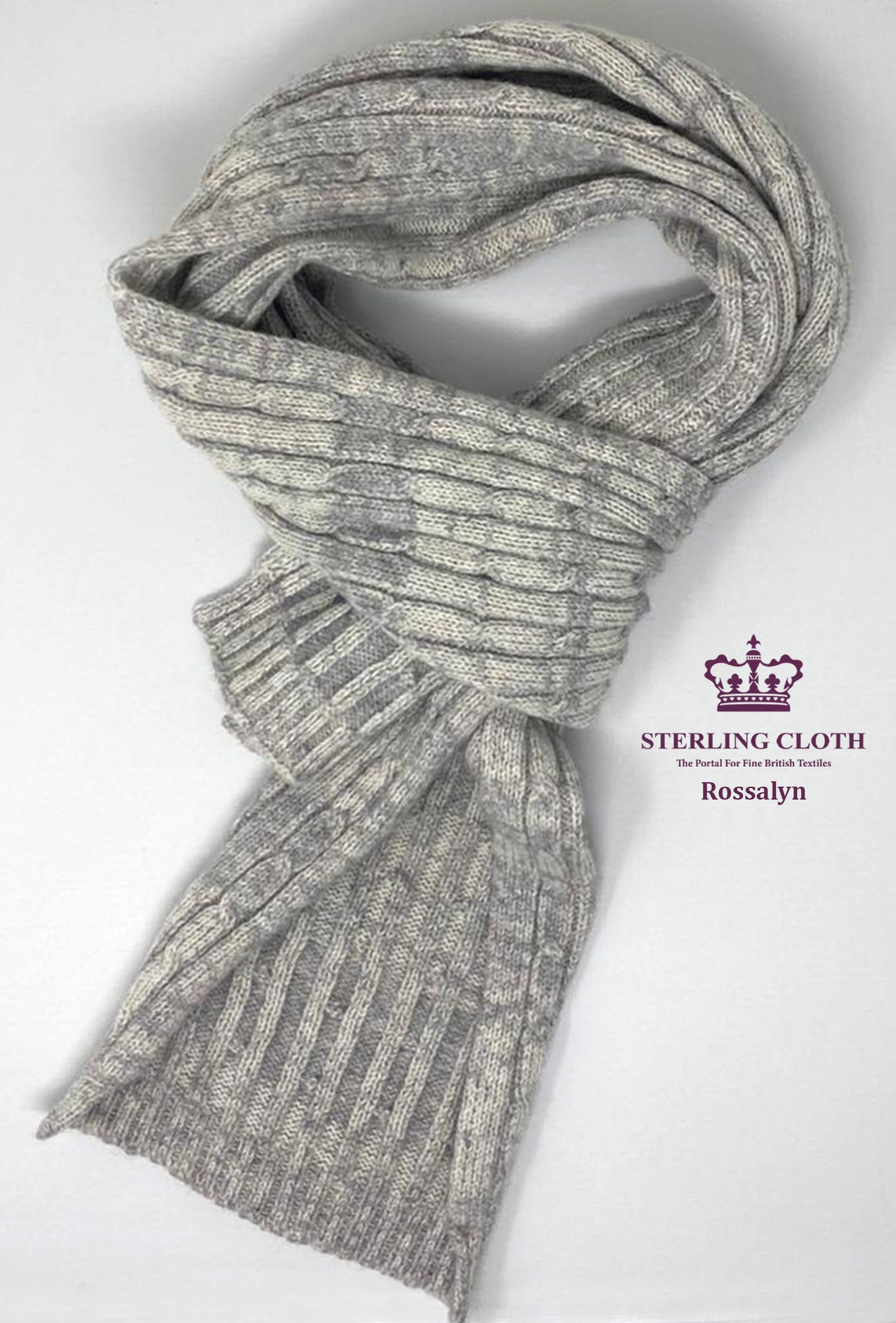 Rossalyn - Pure Merino Wool, Fancy Knitted Scarf, Made in Scotland, Irregular Grey and Light Grey Pattern