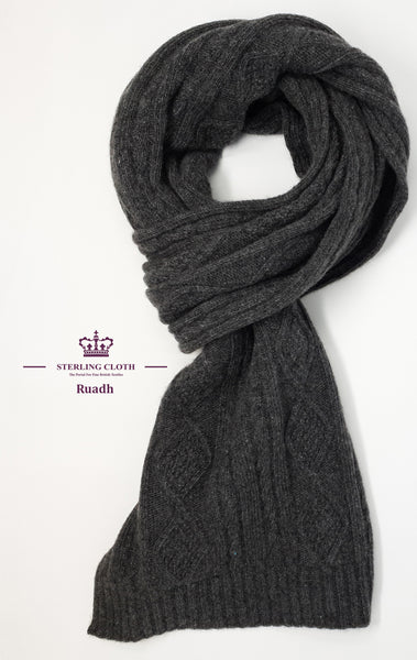 Ruadh - Pure Cashmere, Charcoal Grey Cable Knitted Stole, Made in Scotland
