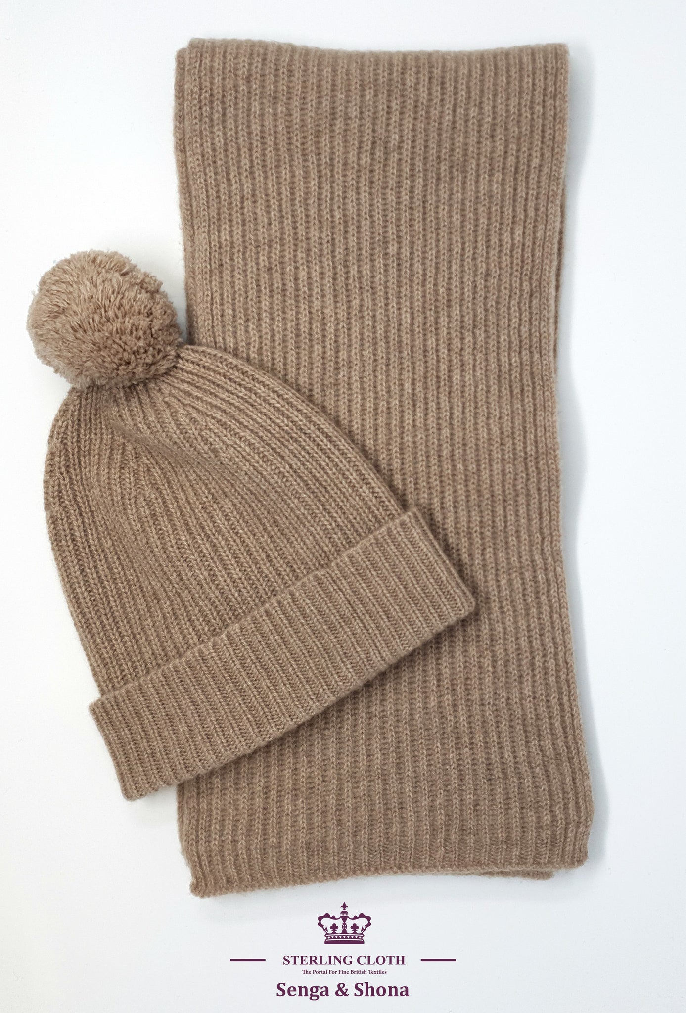 Senga & Shona - Pure Cashmere Knitted Scarf and Hat Set, Made in Scotland, Plain Natural / Tan