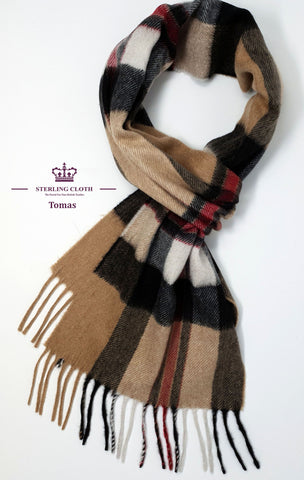 Tomas - Pure Cashmere Scarf, Made in Scotland, Classic Thomsen Camel Tartan Check with Red, White and Black