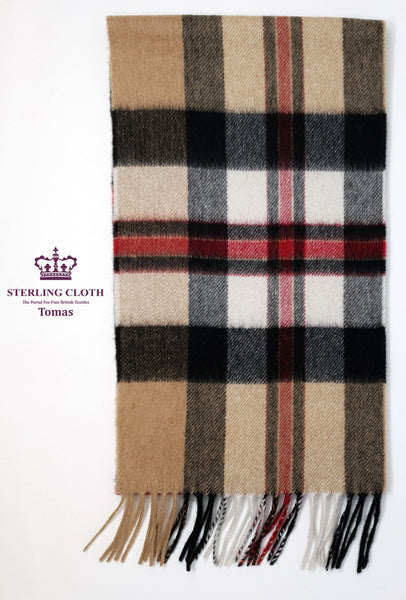 Tomas - Pure Cashmere Scarf, Made in Scotland, Classic Thomsen Camel Tartan Check with Red, White and Black