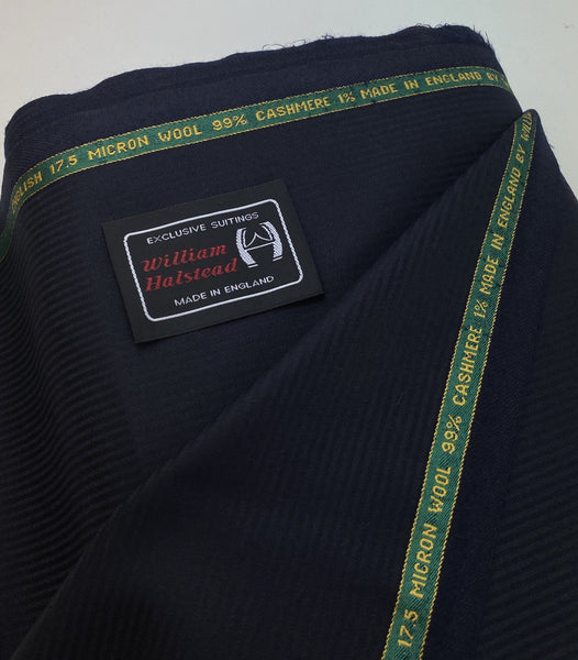 Super 120s 17.5 Micron Wool 99% Cashmere 1% Made in England By William Halstead NAVY Reverse / Shadow Stripe