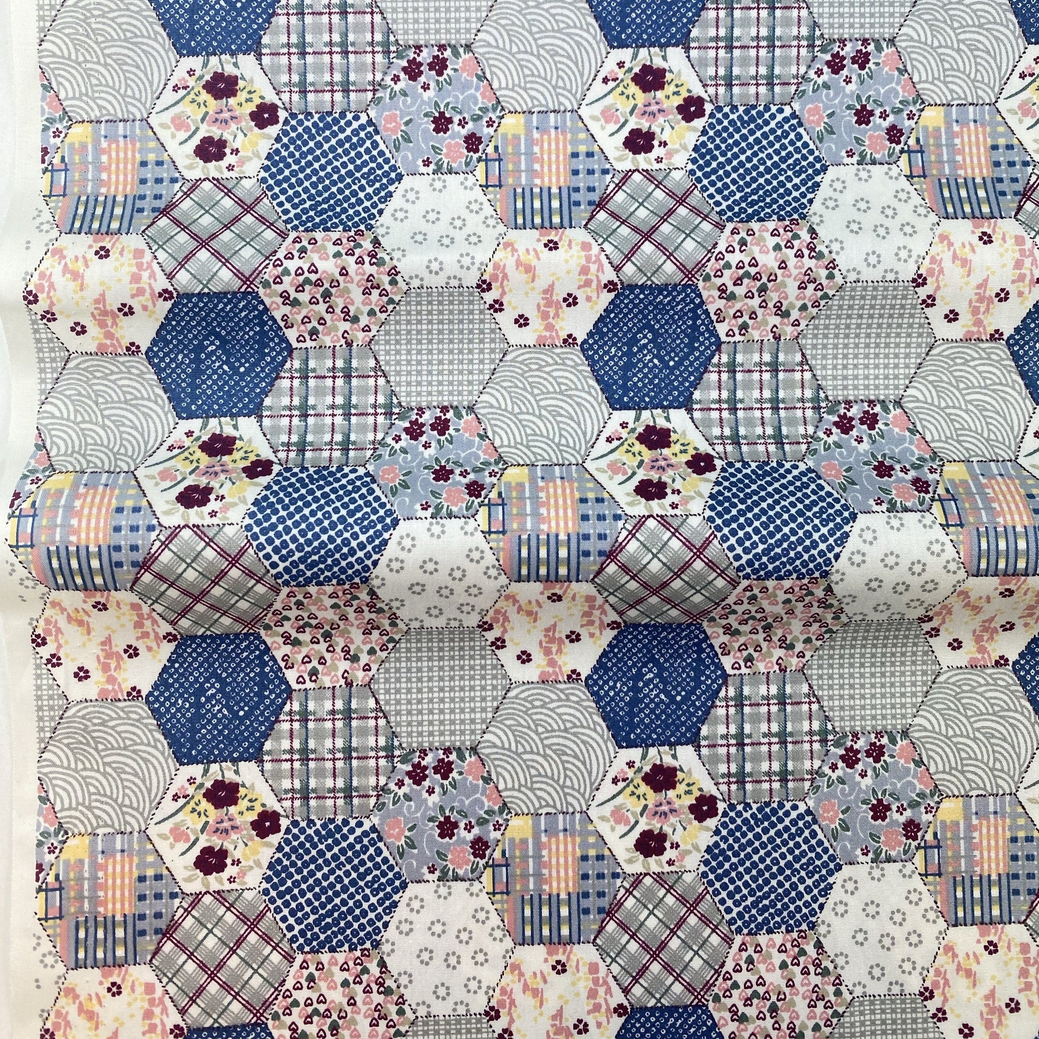 Cotton Poplin Printed Hexagon Patch Work Design Floral Hearts Blue