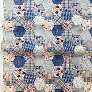 Cotton Poplin Printed Hexagon Patch Work Design Floral Hearts Blue