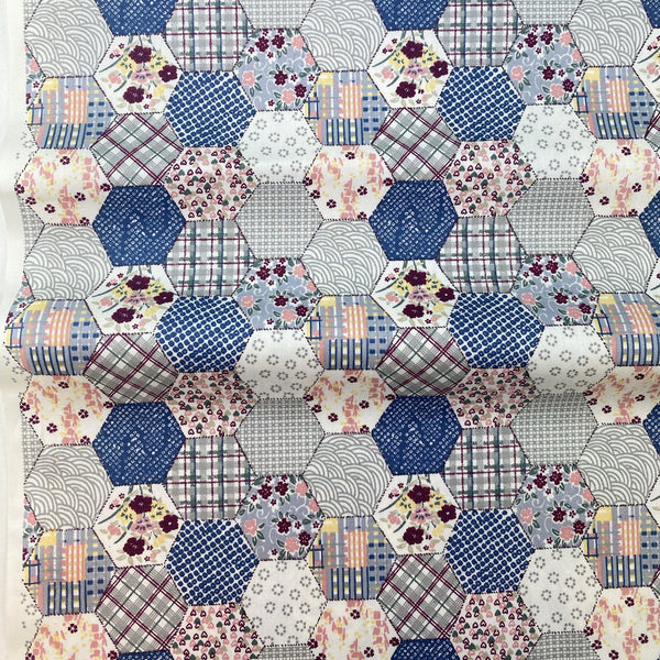 Cotton Poplin Printed Hexagon Patch Work Design Floral Hearts Blue