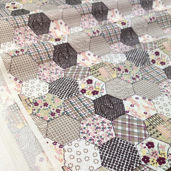 Cotton Poplin Printed Hexagon Patch Work Design Floral Hearts Brown Beige