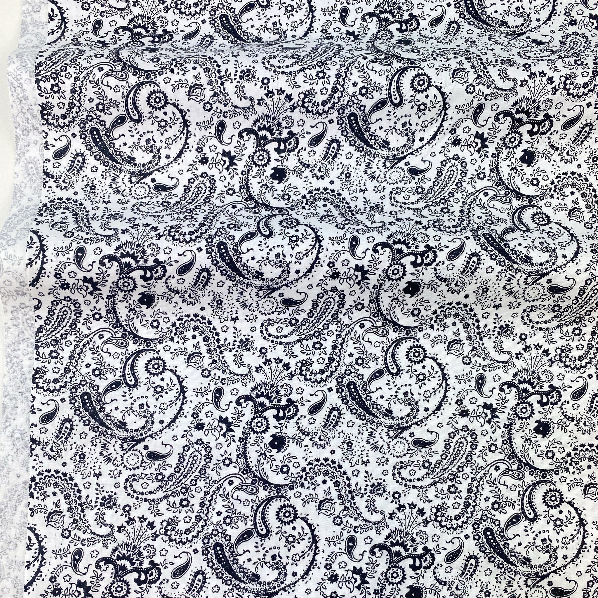 Cotton Poplin Printed Black on White Henna Paisley Design  