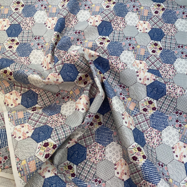 Cotton Poplin Printed Hexagon Patch Work Design Floral Hearts Blue