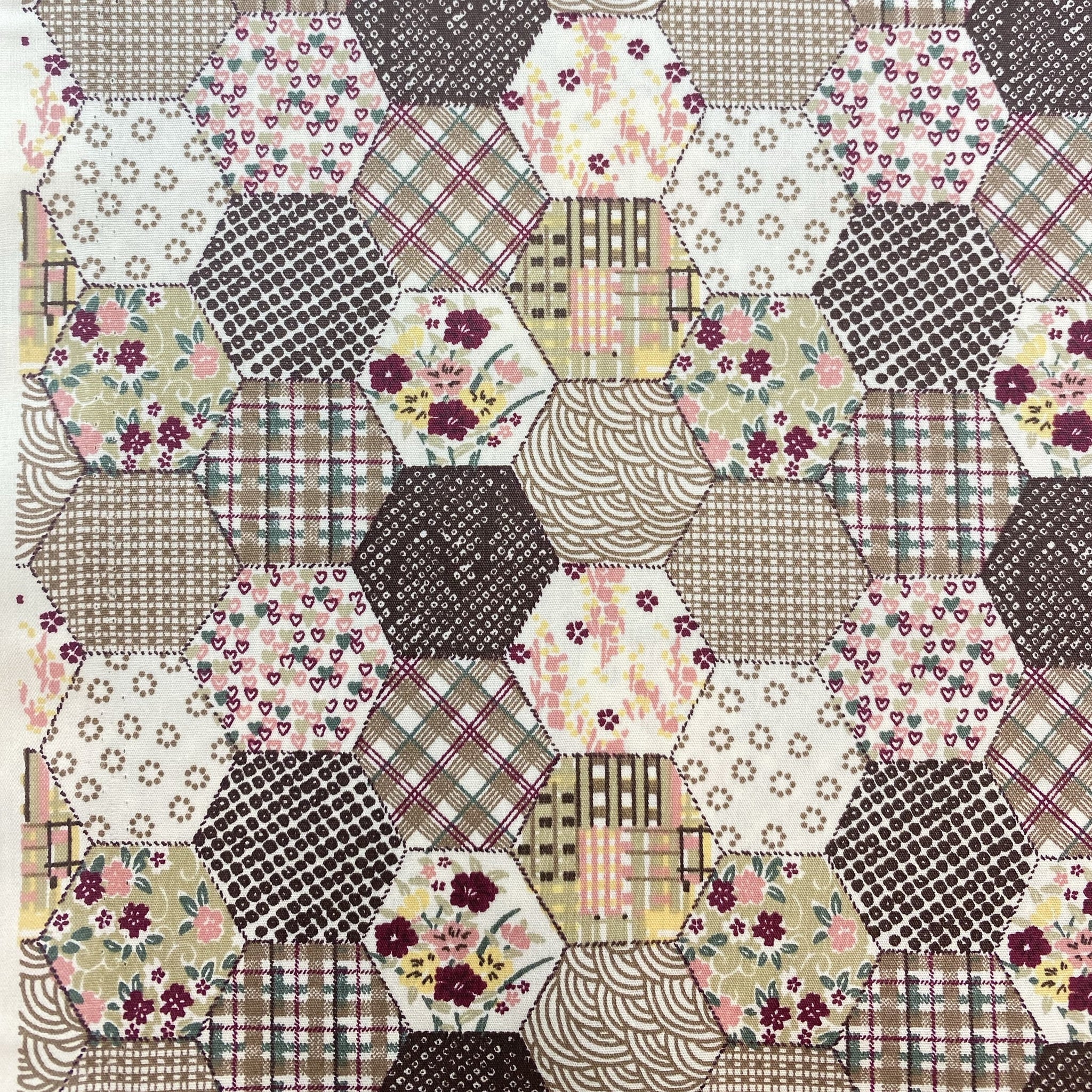 Cotton Poplin Printed Hexagon Patch Work Design Floral Hearts Brown Beige