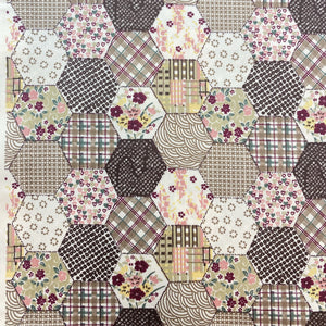 Cotton Poplin Printed Hexagon Patch Work Design Floral Hearts Brown Beige