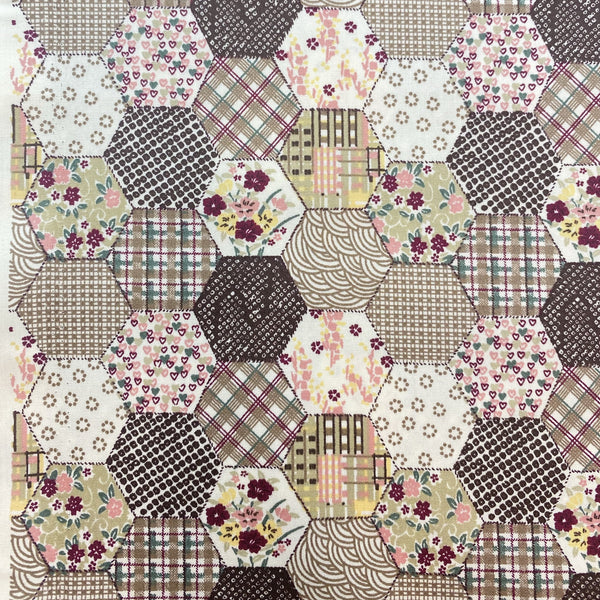 Cotton Poplin Printed Hexagon Patch Work Design Floral Hearts Brown Beige