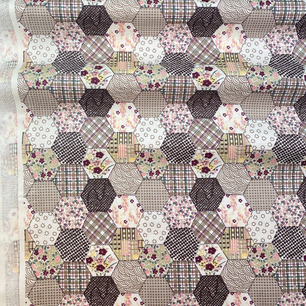 Cotton Poplin Printed Hexagon Patch Work Design Floral Hearts Brown Beige