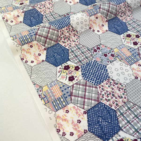 Cotton Poplin Printed Hexagon Patch Work Design Floral Hearts Blue
