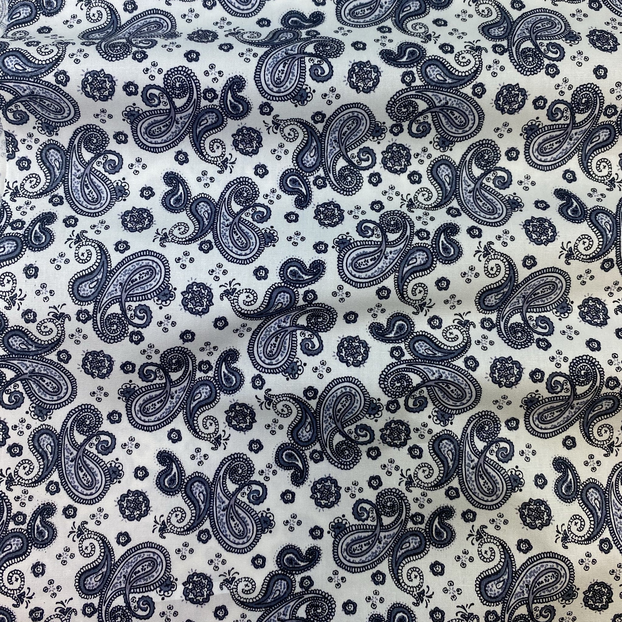 Cotton Poplin Printed Small Black / Blues / Grey Paisley Design