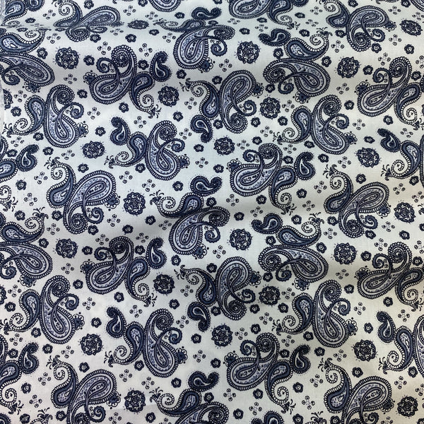 Cotton Poplin Printed Small Black / Blues / Grey Paisley Design